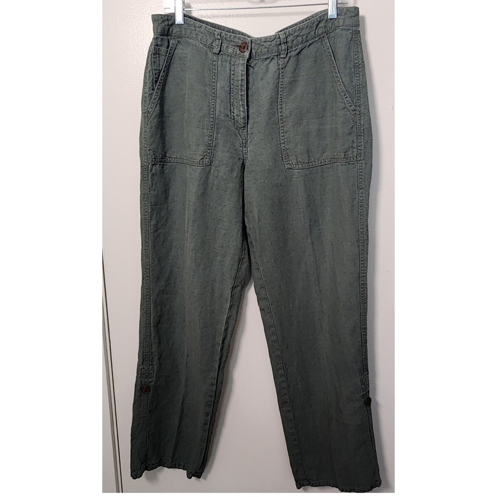 L.L. Bean Women's 100% Linen Olive Green Pants Sz‎ 14 Med Tall Utility Gorpcore
